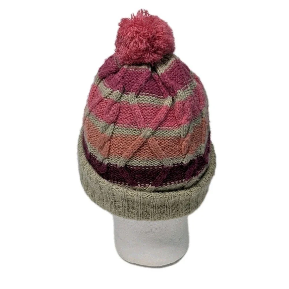 Levi's Beanie Hat Stripes Youth 7-16 Cable Knit Pinks & Beige Pom Pom Ribbed